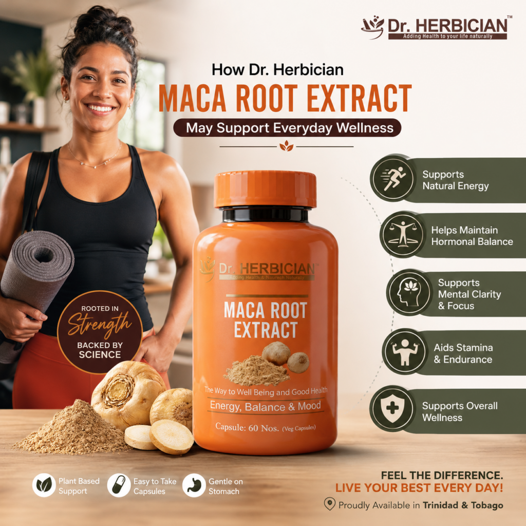 Dr. Herbician Maca Root Extract root supplement in Trinidad and Tobago supporting everyday wellness, energy, balance, mood, stamina and focus