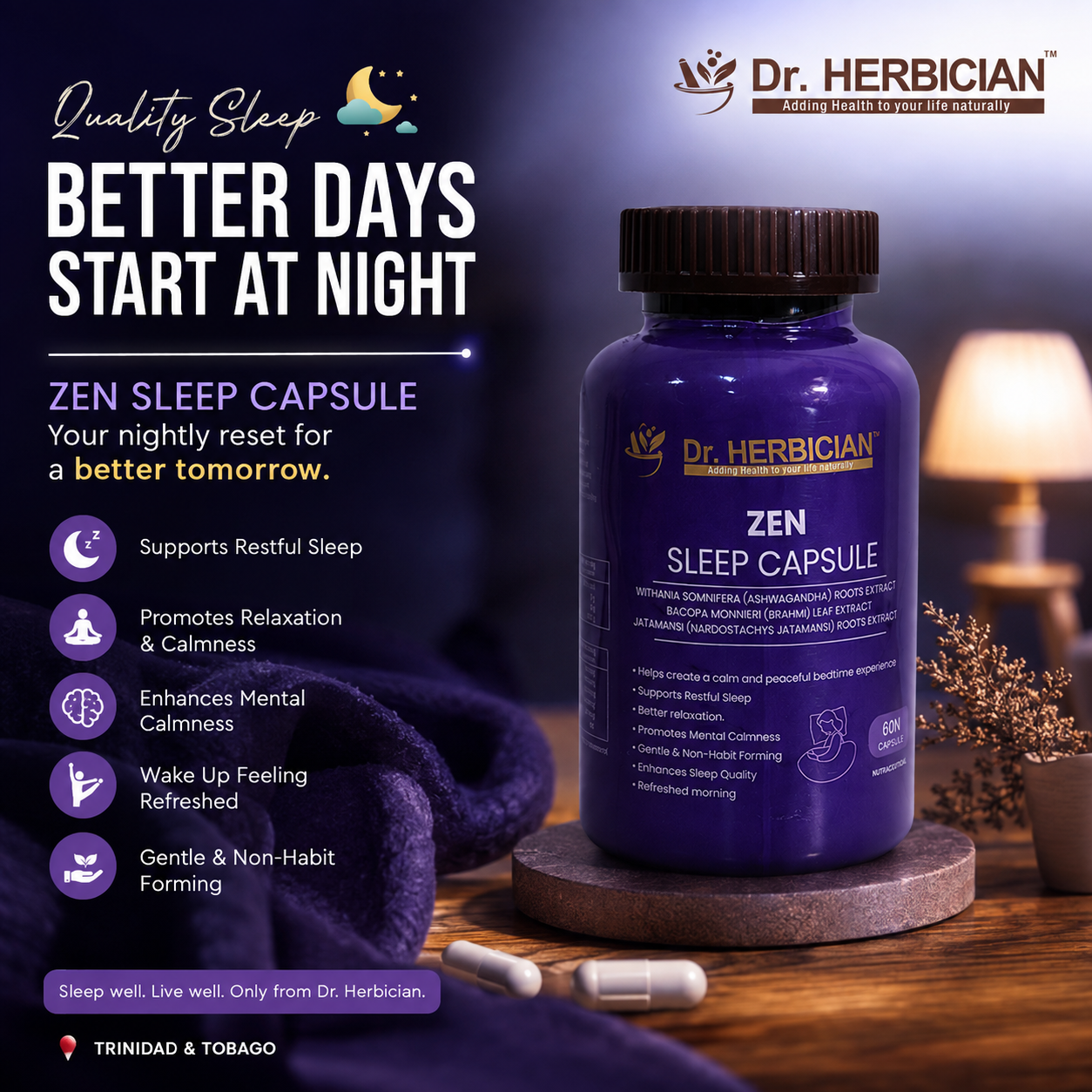 Dr. Herbician Zen Sleep Capsule – Best Sleep Supplement in Trinidad and Tobago for Restful Sleep, Relaxation, Mental Calmness, and Better Sleep Quality