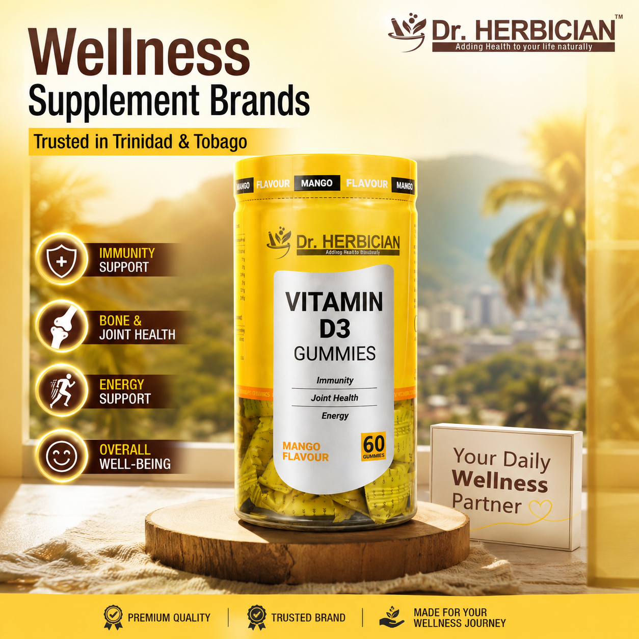 Dr. Herbician Vitamin D3 Gummies featured as a wellness supplement brand in Trinidad and Tobago
