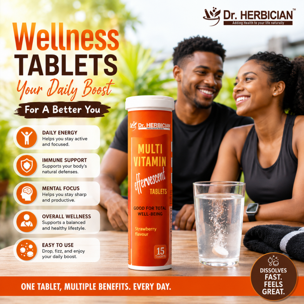 Dr. Herbician wellness tablets in Trinidad and Tobago featuring Multivitamin Effervescent Tablets with a Black Caribbean couple, daily energy, immune support, mental focus, overall wellness, and easy-to-use benefits.