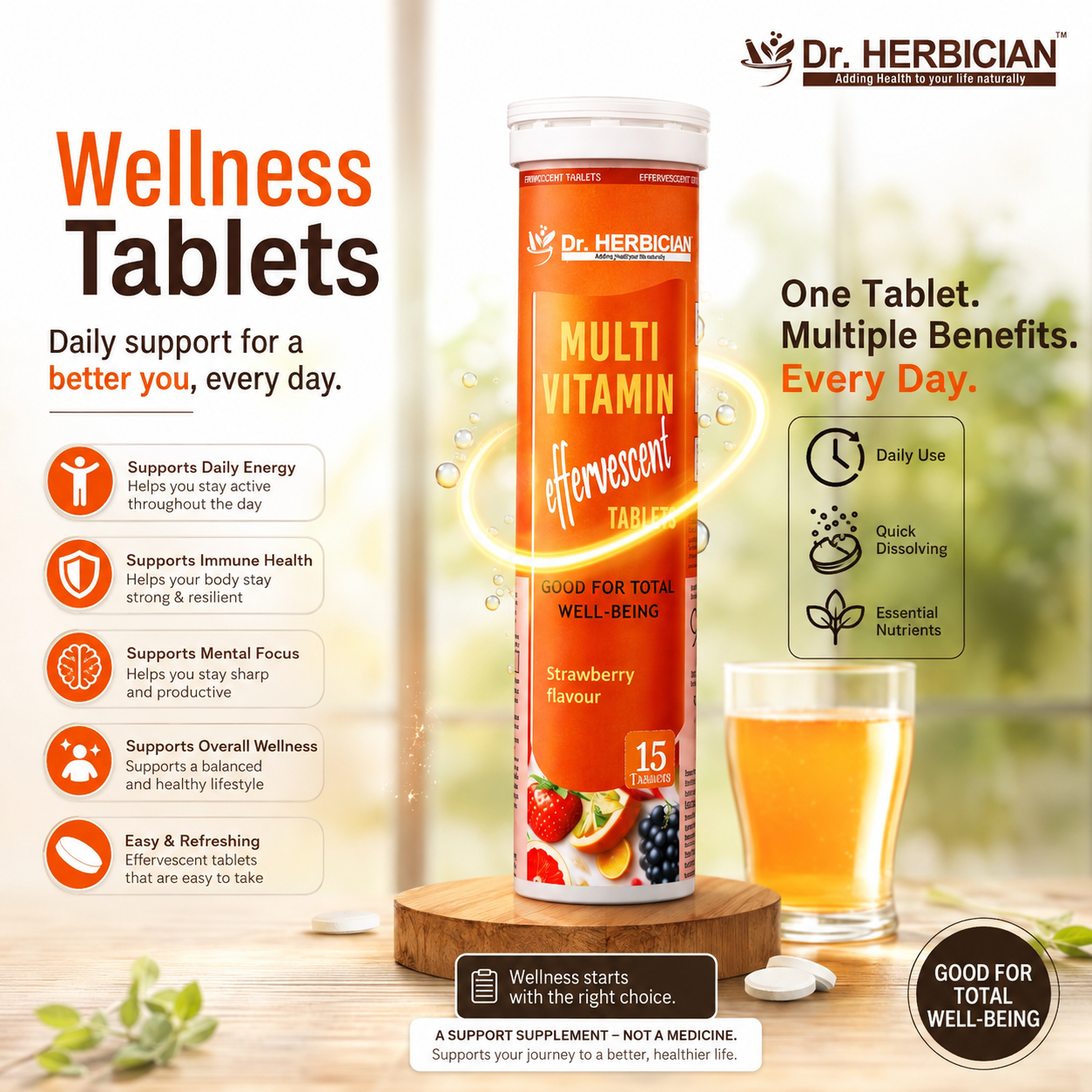 Dr. Herbician Wellness Tablets multivitamin effervescent tablets in Trinidad and Tobago, featuring a strawberry-flavoured daily wellness supplement with support for energy, immune health, mental focus, and overall well-being.