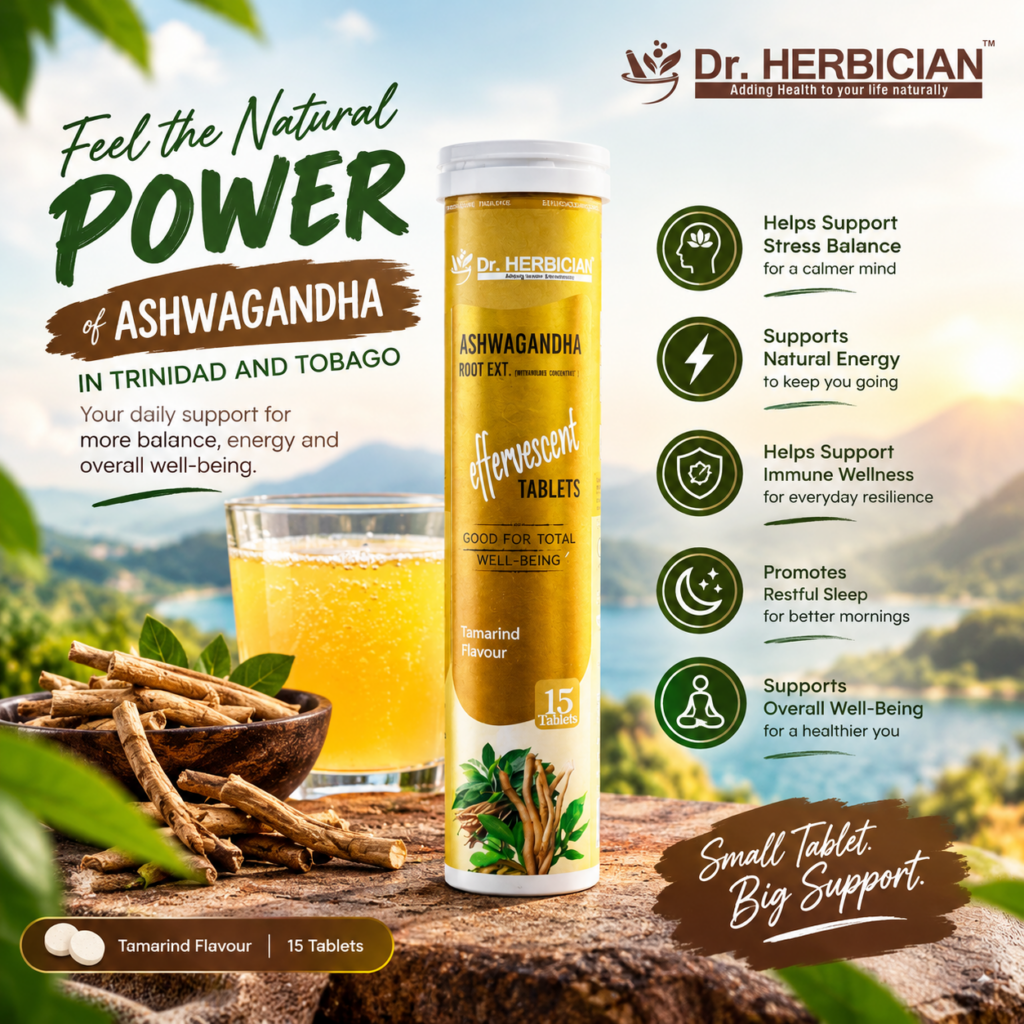 Dr. Herbician Ashwagandha Root Extract Effervescent Tablets in tamarind flavour, shown with ashwagandha roots and a prepared drink, available in Trinidad and Tobago.