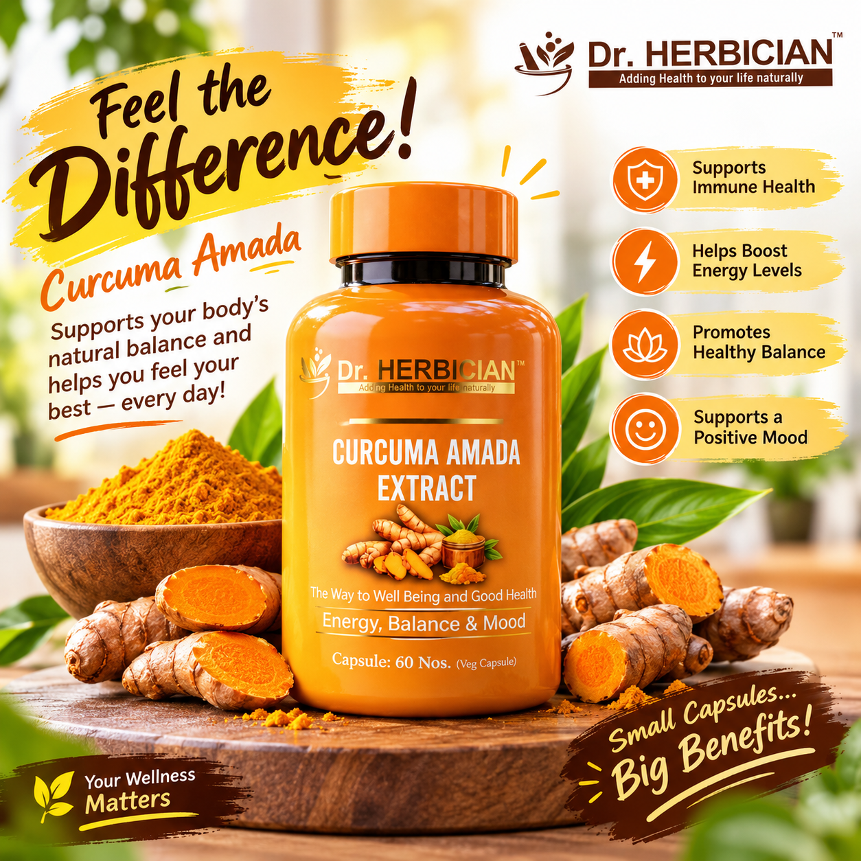 Dr. Herbician Curcuma Amada Extract supplement bottle displayed with fresh Curcuma Amada rhizomes and turmeric powder, highlighting energy, balance, and mood support.