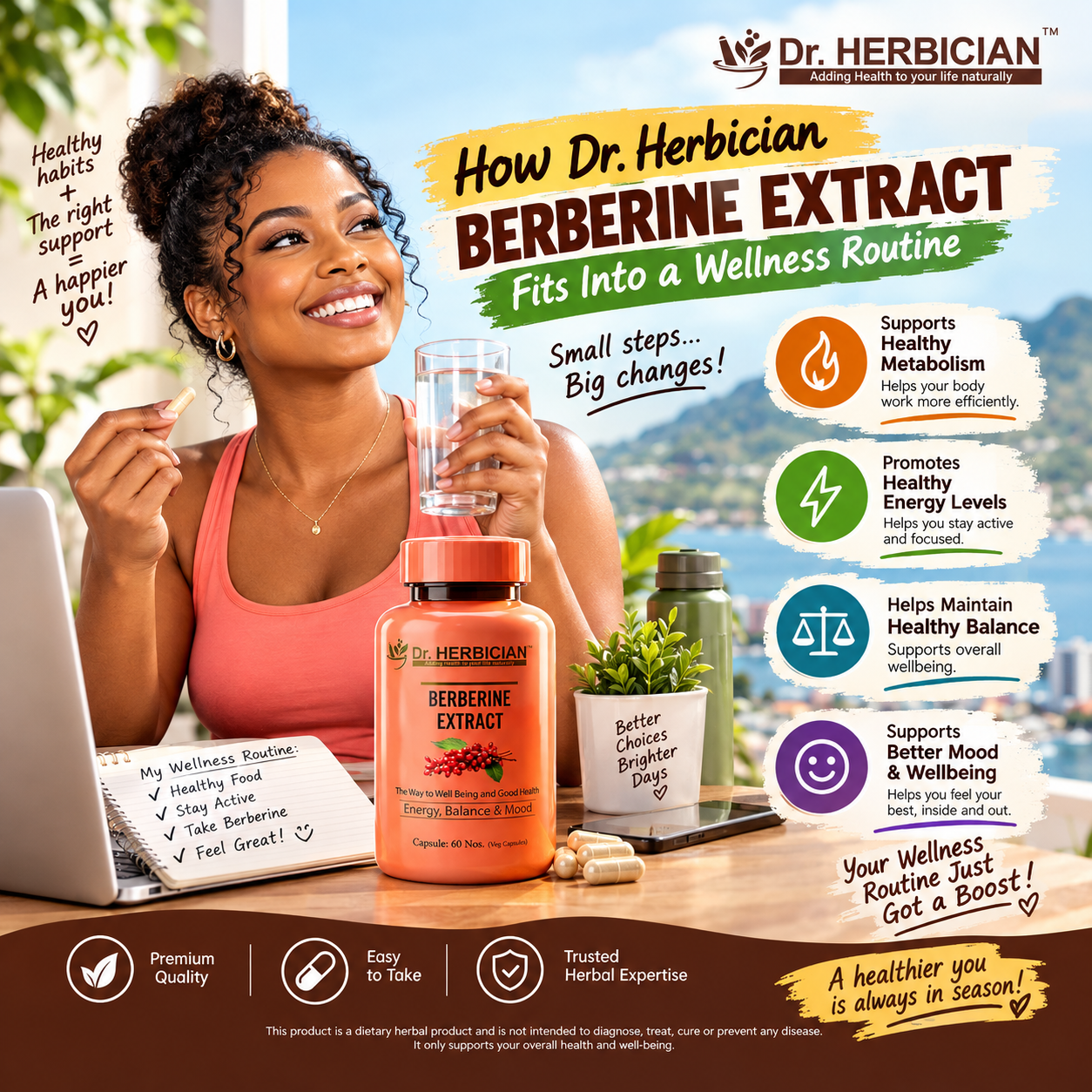 Dr. Herbician Berberine Extract supplement bottle beside a woman with a water bottle and wellness journal, illustrating a daily wellness routine in Trinidad and Tobago.