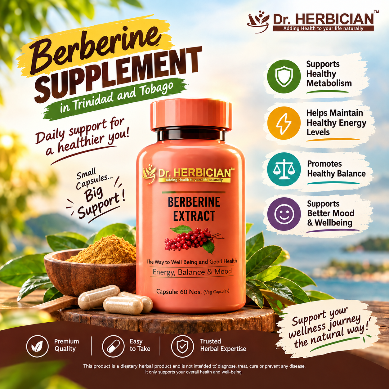 Dr. Herbician Berberine Supplement bottle with gold branding, berberine powder, and capsules displayed in a tropical setting in Trinidad and Tobago.