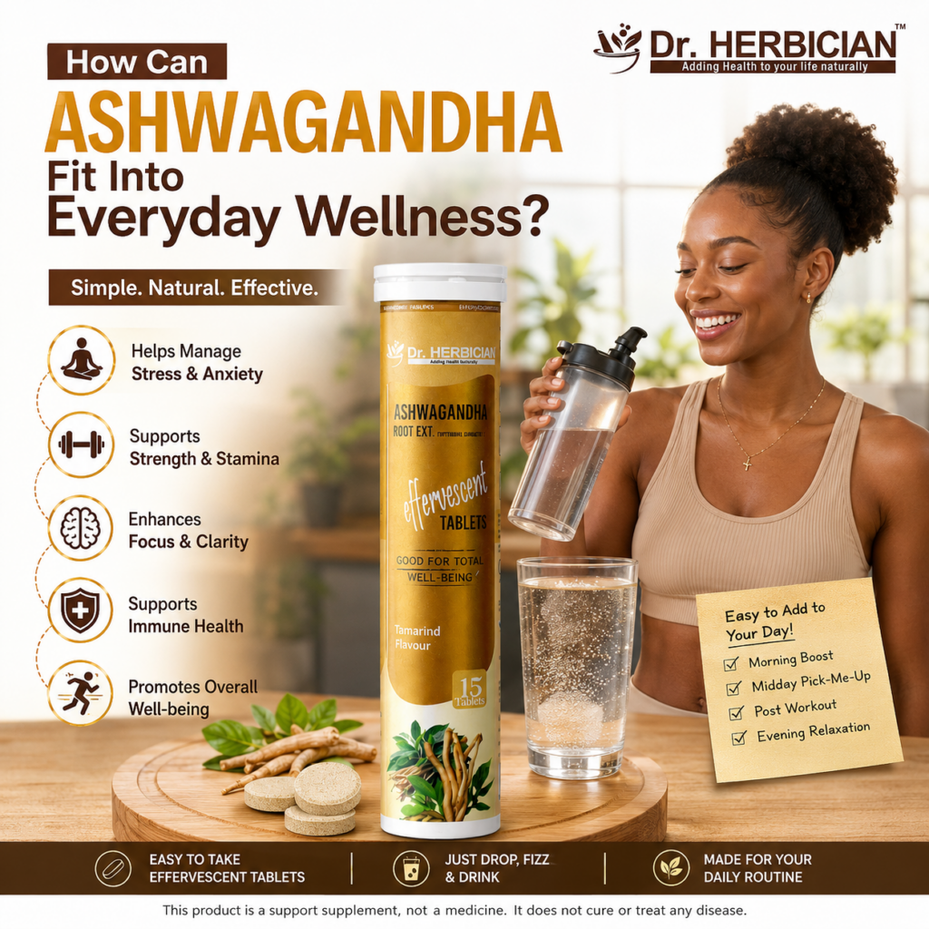Dr. Herbician Ashwagandha supplement with effervescent tablets shown as part of an everyday wellness routine, highlighting support for stress management, strength and stamina, focus and clarity, immune health, and overall well-being in Trinidad and Tobago.