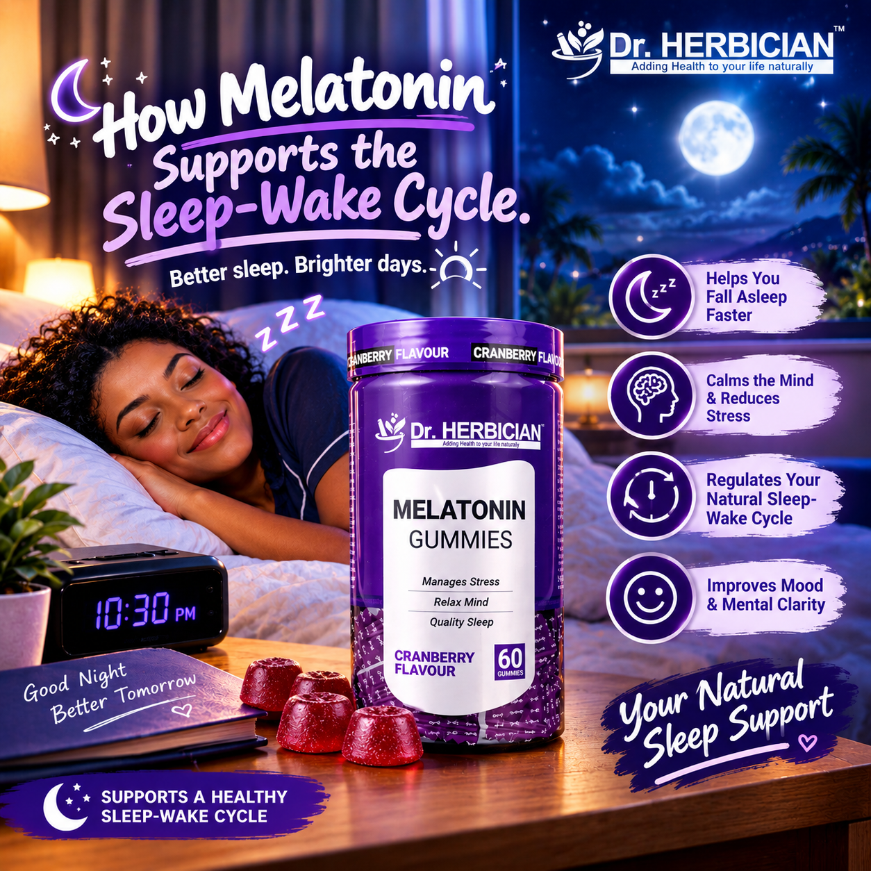 Dr. Herbician Melatonin Gummies cranberry flavor with a sleeping woman, moonlit window, and sleep-wake cycle benefits in Trinidad and Tobago.