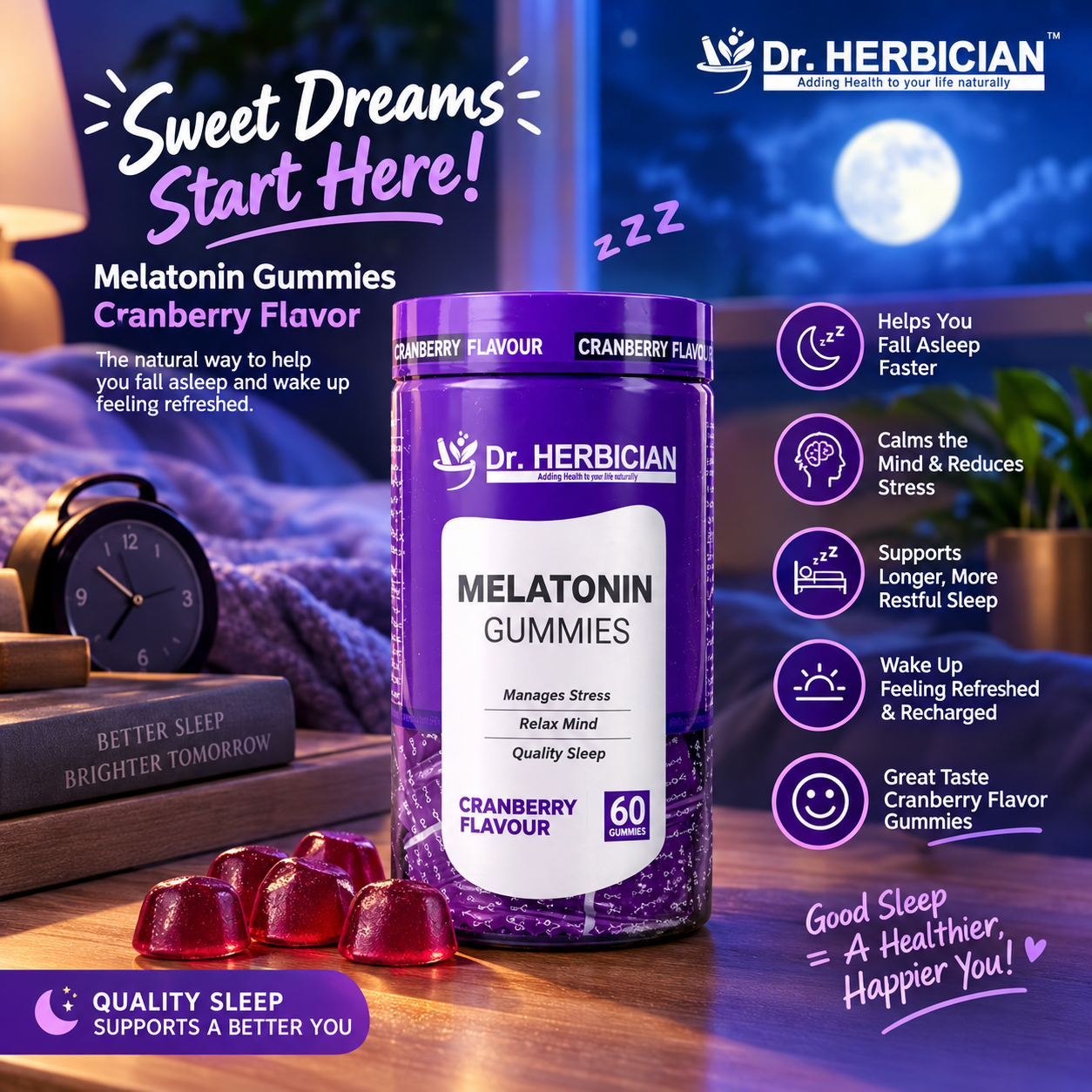 Dr. Herbician Melatonin Gummies cranberry flavor supplement jar displayed in a cozy nighttime setting, promoting relaxation and quality sleep in Trinidad and Tobago.