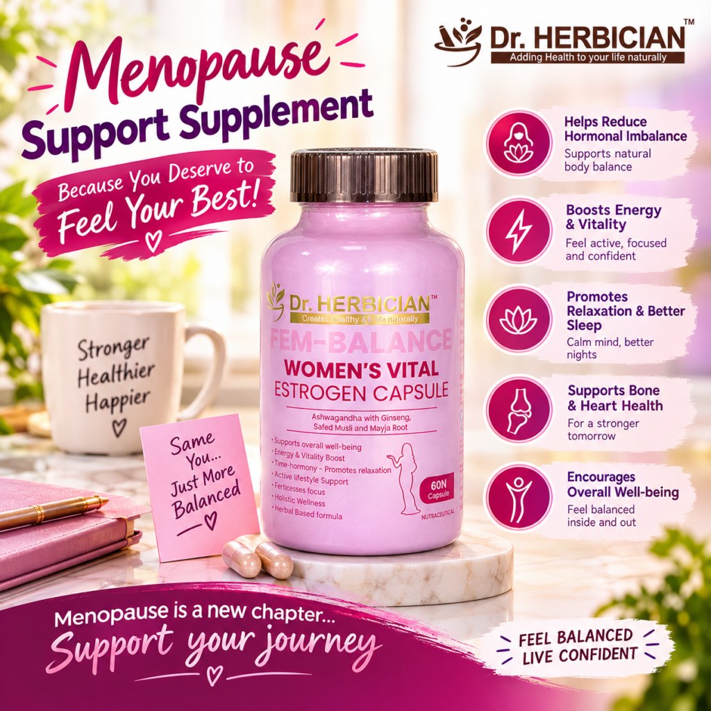 Woman’s Vital Estrogen Capsule by Dr. Herbician, presented as a menopause support supplement for women’s wellness in Trinidad and Tobago.