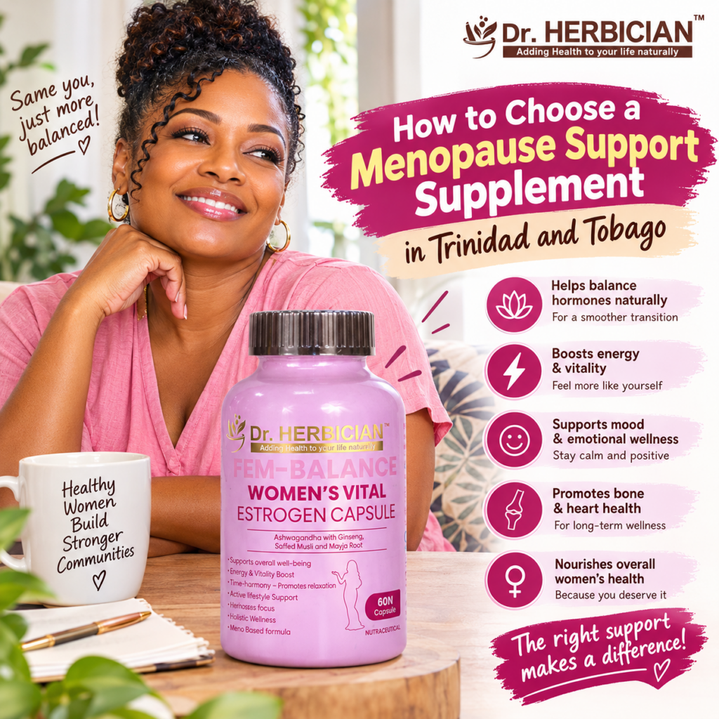 Menopause support supplement in Trinidad and Tobago by Dr. Herbician with Fem-Balance Women’s Vital capsules