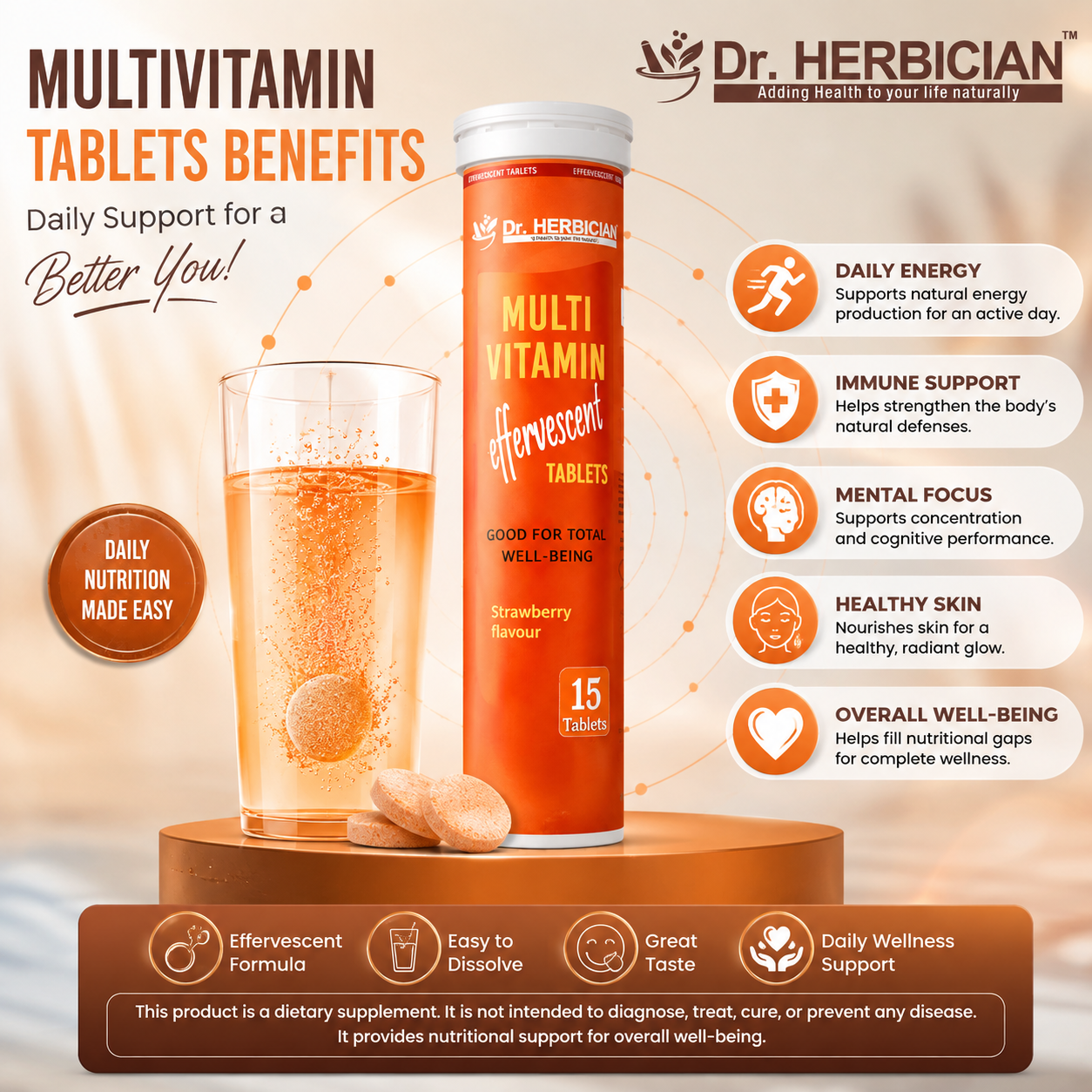 Dr. Herbician Multivitamin Effervescent Tablets with a dissolving tablet in a glass, highlighting daily energy, immune support, mental focus, healthy skin, and overall well-being in Trinidad and Tobago.