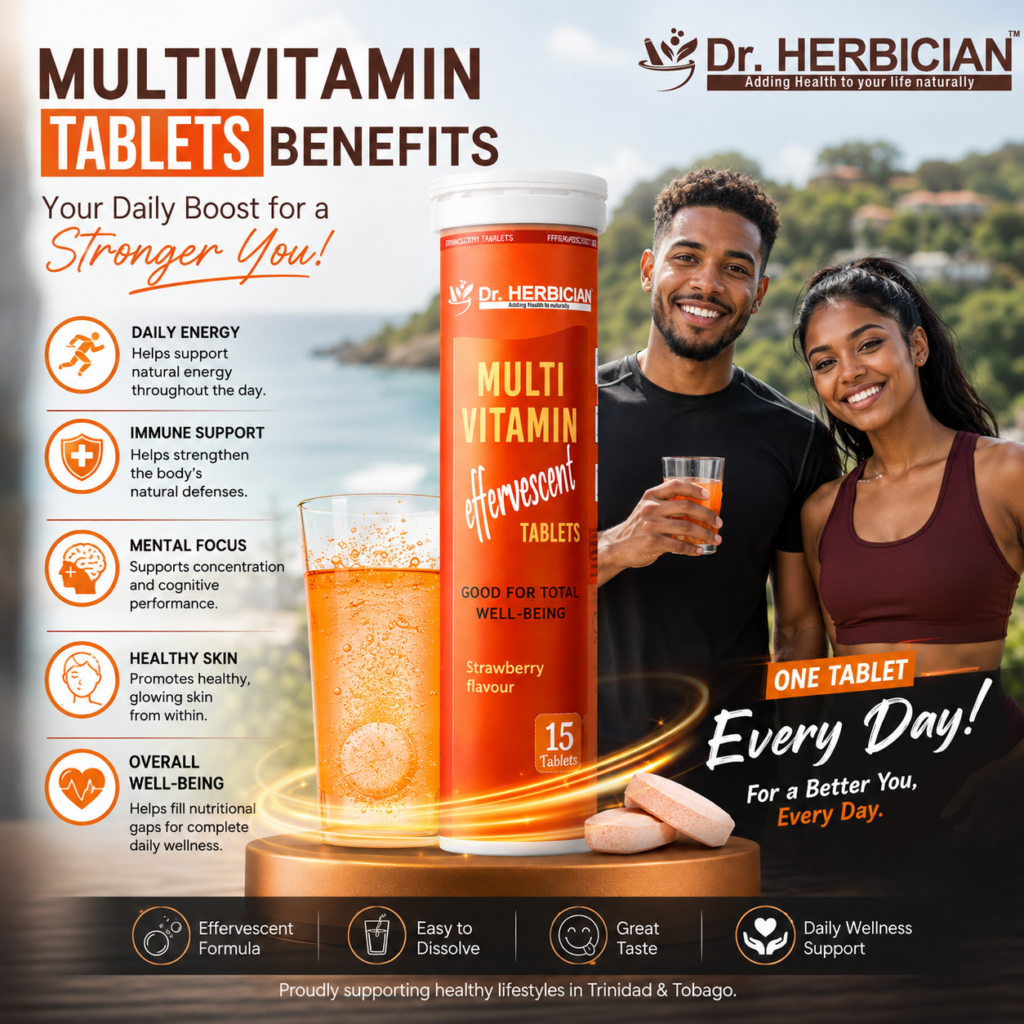 Dr. Herbician multivitamin tablets benefits promotional image featuring effervescent multivitamin tablets, a dissolving drink, and people enjoying an active lifestyle in Trinidad and Tobago.