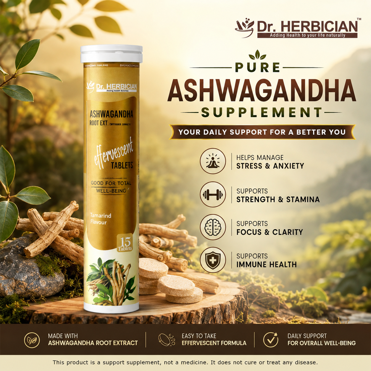Dr. Herbician Pure Ashwagandha Supplement with Ashwagandha root extract in effervescent tablets, promoted for daily support of stress management, strength, stamina, focus, clarity, immune health, and overall well-being in Trinidad and Tobago.