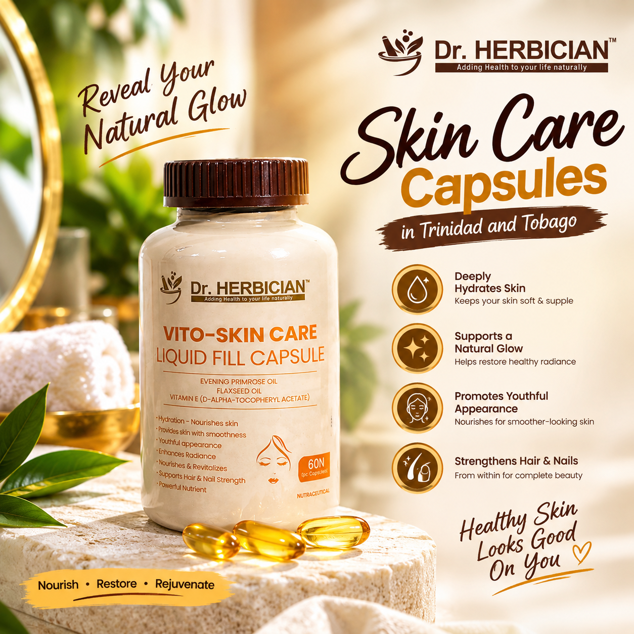 Dr. Herbician Vito-Skin Care Liquid Fill Capsules for skin care and beauty support in Trinidad and Tobago, featuring evening primrose oil, flaxseed oil, and vitamin E.